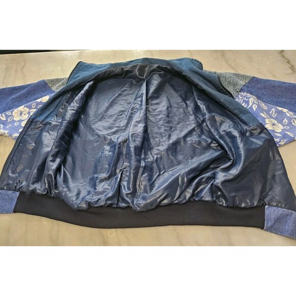 Retro Denim Bomber Jacket With Floral Accents, Size XL VINTAGE - Picture 3 of 14